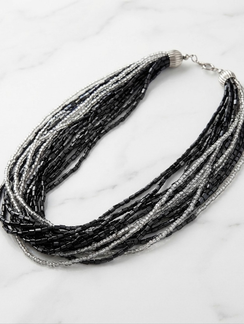 Elegant Multi-Strand Seed Bead Necklace - Black & Silver Tone cns - Picture 4 of 10